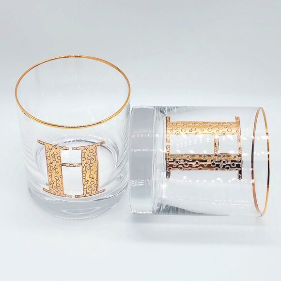 2pc Anthropologie 24k Gold Gilded Monogram Glass Tumblers Letter H 15oz - Picture 6 of 7